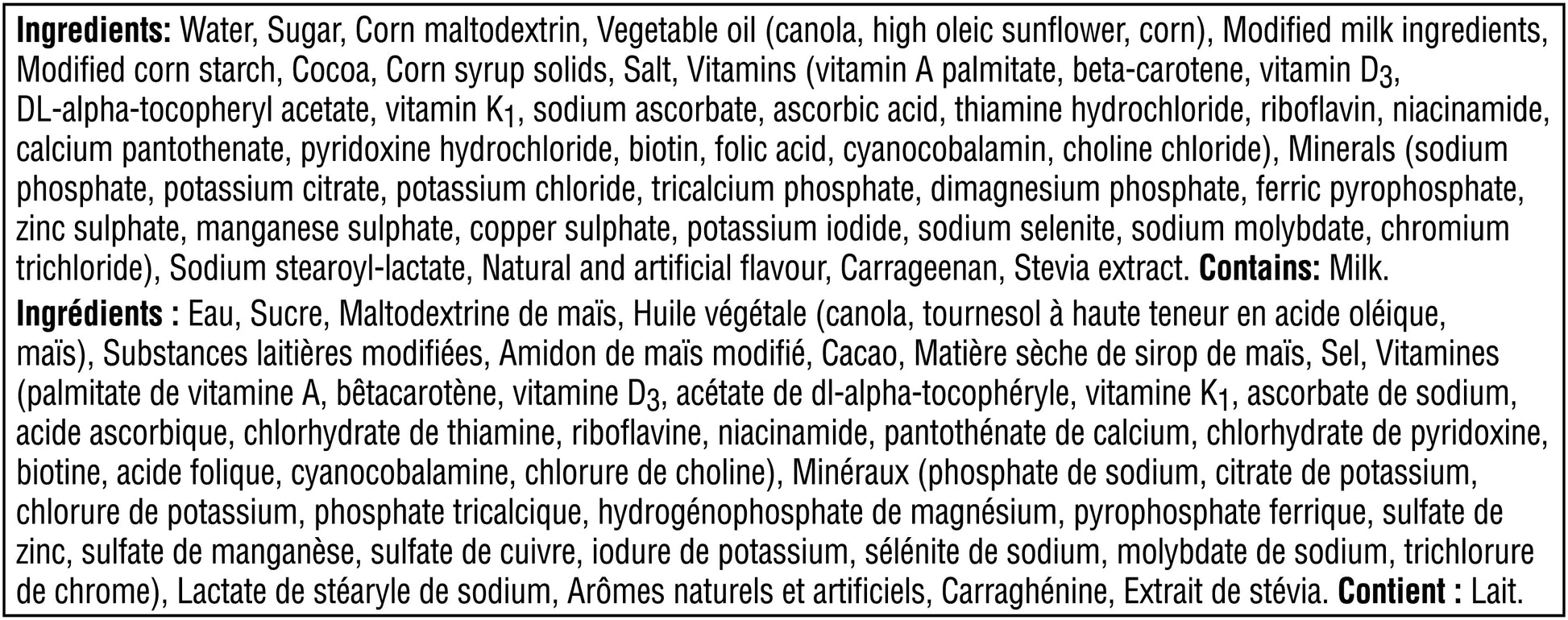 Boost Chocolate Pudding ingredient label
