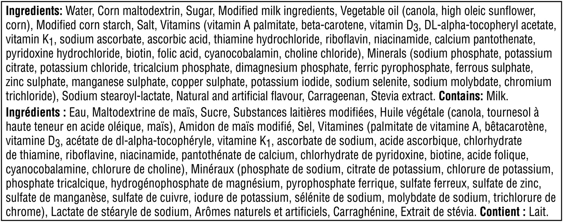 Vanilla Boost pudding ingredients label