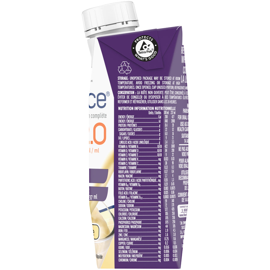Vanilla Resource 2.0 Complete Nutrition 237 ml nutritional information label