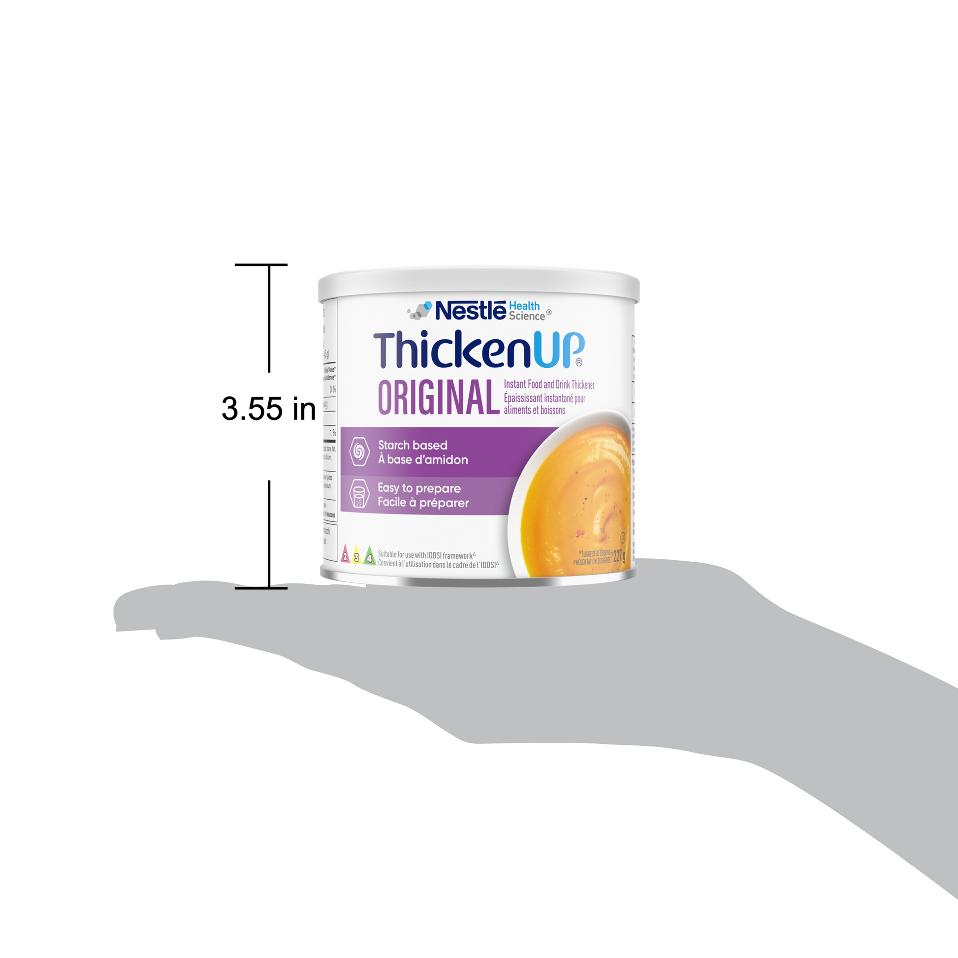 ThickenUp Original instant food and drink thickener full product on a hand